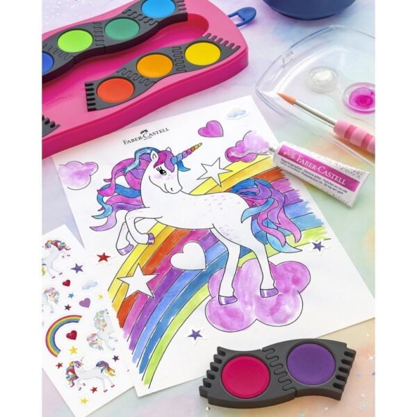 Faber Castell FC-125002 Connector Waterverfdoos 12 Kleuren + 1 Tube Regenboog Glitter en Unicorn Stickers - Afbeelding 2