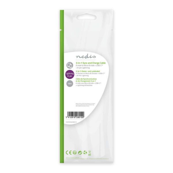 Nedis CCGP60620BK10 3-in-1 Sync And Charge-kabel Usb-a Male - Micro B Male / Type-c Male / Apple Lightning 8-pins Male 1,0 M Zwart - Afbeelding 3