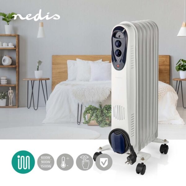 Nedis HTOI30WT7 Mobiele Olieradiator 600 / 900 / 1500 W 7 Vinnen Instelbare Thermostaat 3 Warmte Standen Omvalpreventie Wit - Afbeelding 2