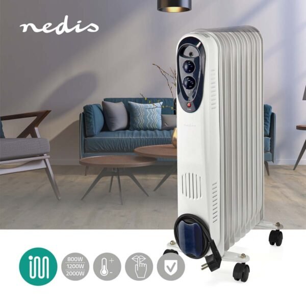 Nedis HTOI30WT9 Mobiele Olieradiator 800 / 1200 / 2000 W 9 Vinnen Instelbare Thermostaat 3 Warmte Standen Omvalpreventie Wit - Afbeelding 2