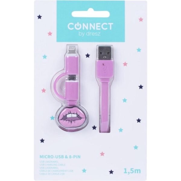 Kangaro K-58191006 Dresz 2in1 Micro-USB Laadkabel + Pin Lippen Roze - Afbeelding 2