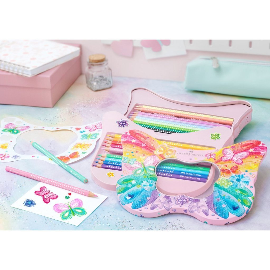 Faber Castell FC-201971 Kleurpotloden Sparkle in Vlinder Bewaarblik 12 Standaard Kleuren + 8 Pastel Kleuren + Stickers - Afbeelding 4